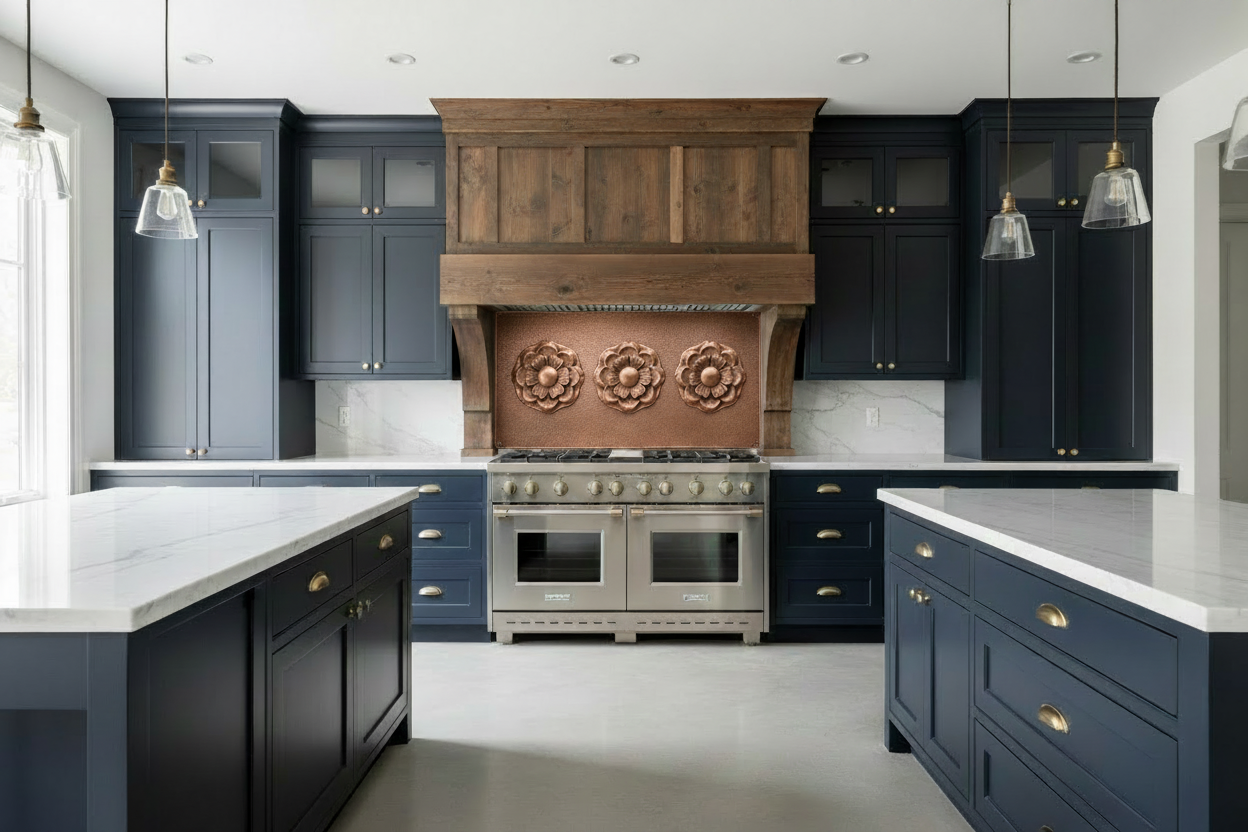 Wide hand-hammered copper backsplash panel with deep relief layered rosette medallions installed beneath wide dramatic wood range hood in luxury kitchen