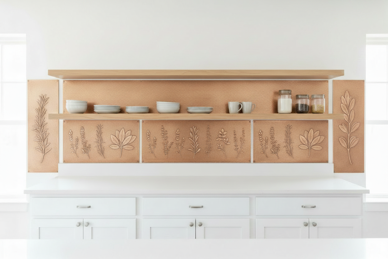 Three copper panels behind floating wood open shelves in white kitchen — botanical herb garden with rosemary, lavender, thyme and sage in repoussé relief on wide center panel, single herb sprig on each side panel, warm copper tone, fine stipple background, white shaker lower cabinets, white quartz countertop