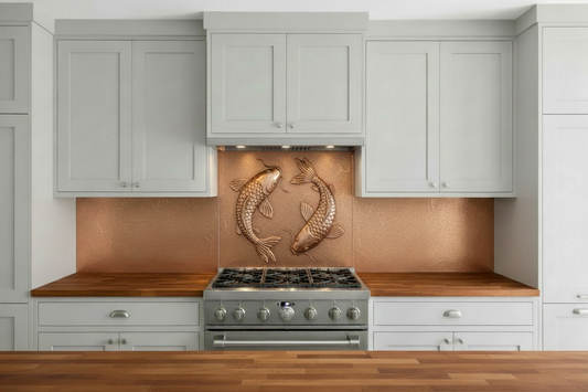 Three hand-hammered copper backsplash panels with hairline seams forming one unified koi fish composition — two large koi in yin-yang arrangement spanning all three panels, detailed scales in repoussé relief, warm rose-gold copper, cream shaker cabinets, traditional kitchen