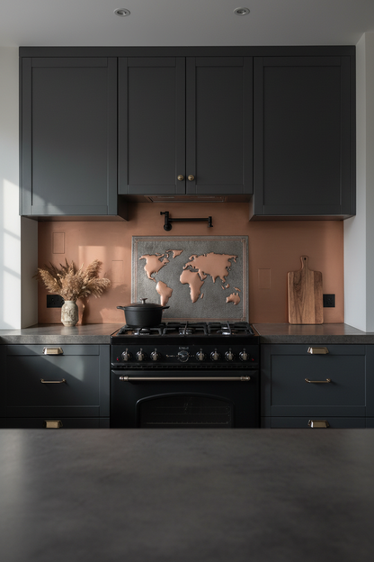 Industrial Modern World Map Gray & Copper Backsplash with Concrete Countertops