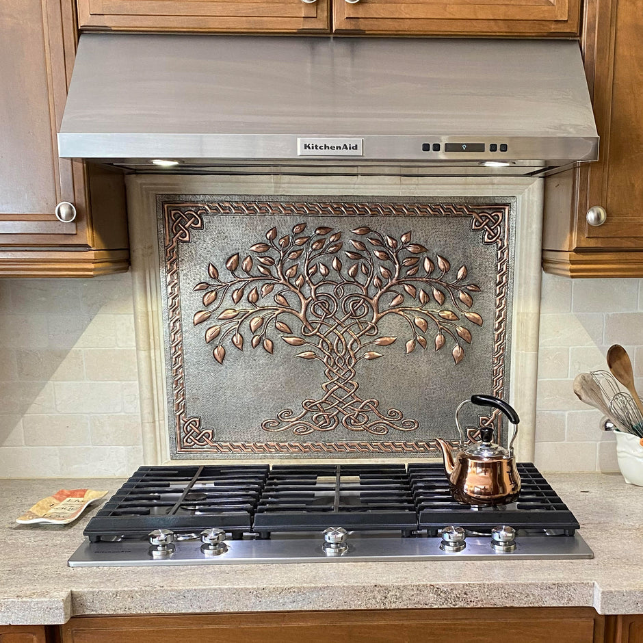 Silver Kitchen Backsplashes with Copper Details | Metal Backsplash ...
