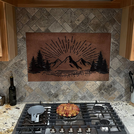 Carrelage pour crédence de cuisine Mountain Retreat - Scène de lever de soleil cuivré - Cuivre et noir
