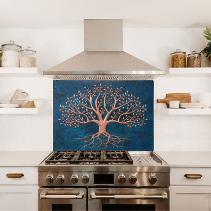 Copper Kitchen Backsplash (Tree with Roots, Blue Patina)