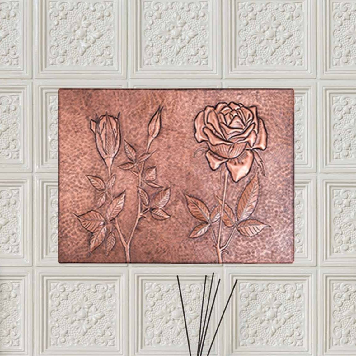 Copper Rosebuds and a Rose Handmade Art Tile 11.4"x 15.3" - Natuross