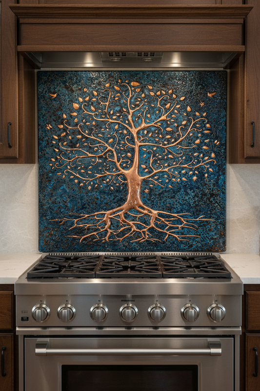 Kitchen Backsplash Tree with Roots Blue Patina - close-up front view