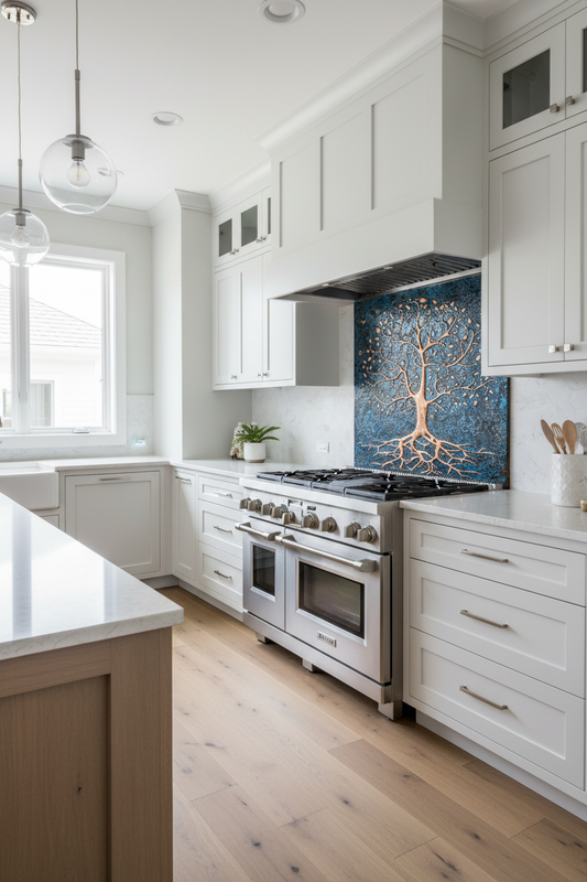 Kitchen Backsplash Tree with Roots Blue Patina - coastal kitchen