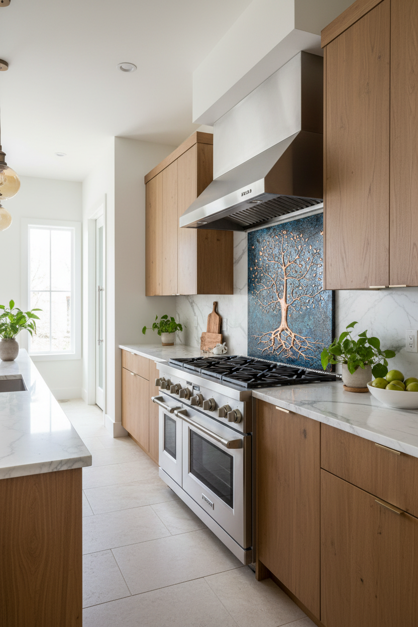 Kitchen Backsplash Tree with Roots Blue Patina - organic kitchen