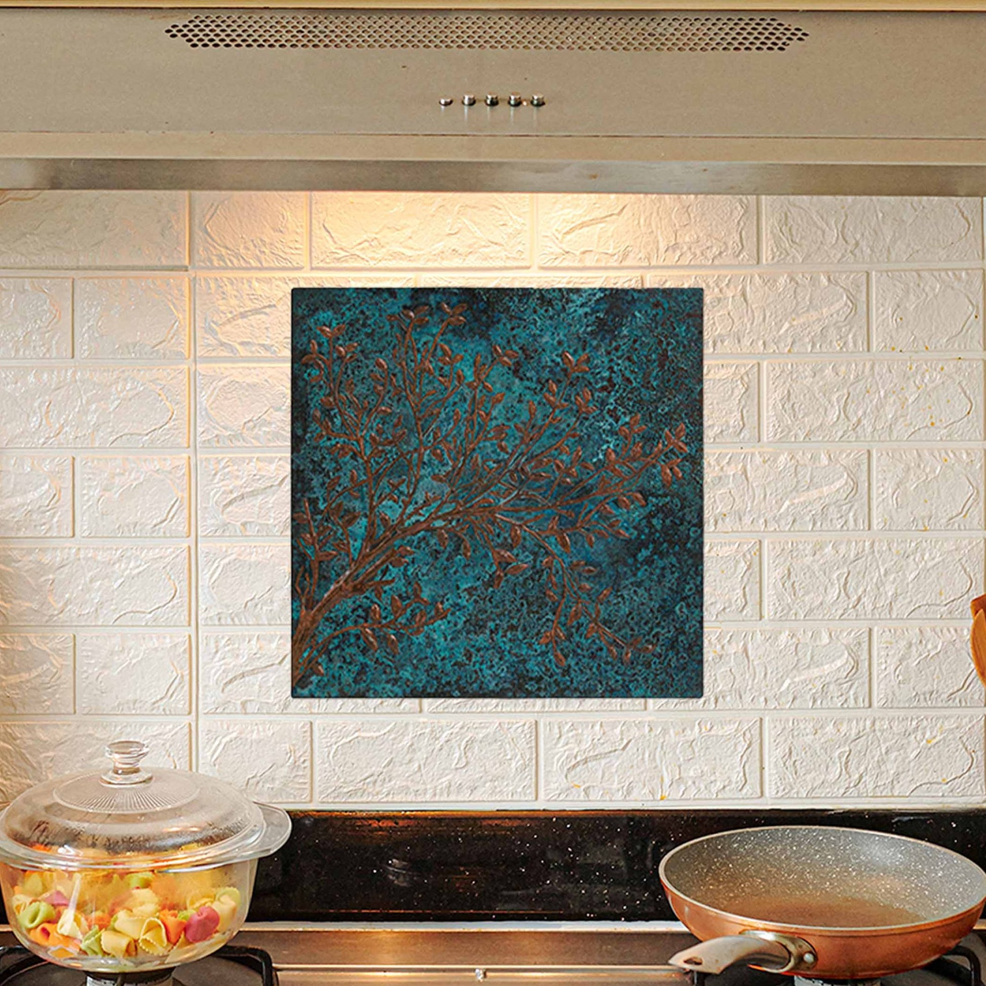 Copper Tree Branches Kitchen Backsplash 15.7"x15.7" Blue - Natuross