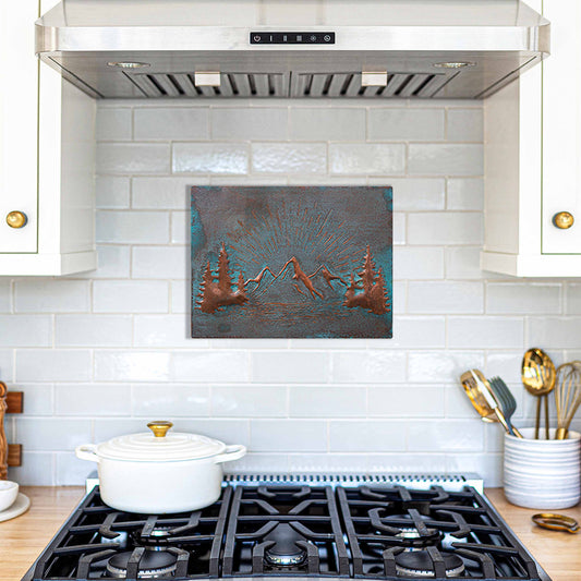 Rising Sun Behind the Mountains Copper Kitchen Backsplash 11.9x15.8" Green Patina - Natuross