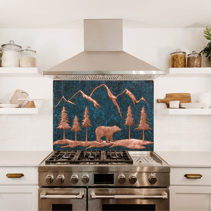 Blue Patina Bear Scene Copper Kitchen Backsplash