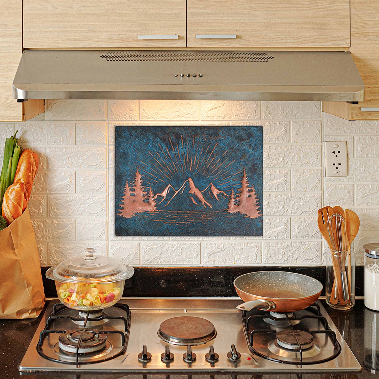 Rising Sun Behind the Mountains Copper Backsplash 17.8x23.6" Blue Patina - Natuross