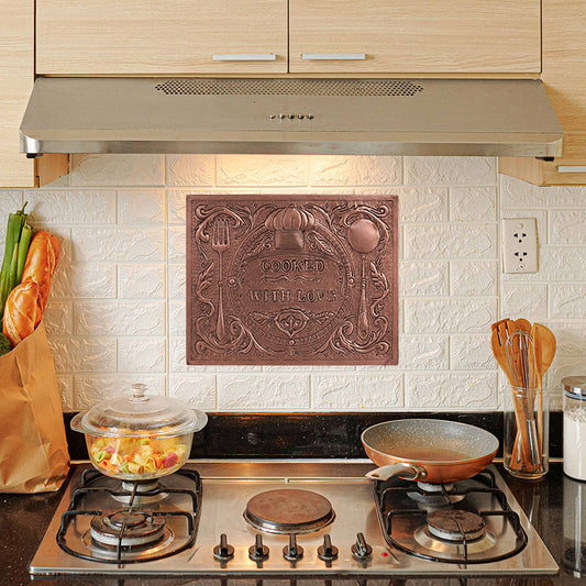 Copper "Cooked with Love" Kitchen Backsplash 11.8"x15.7" - Natuross