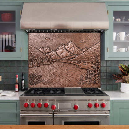 Rocky Mountains & Lake Landscape Copper Backsplash – Handcrafted Copper Kitchen Tile, Custom Mountain Scene Wall Art - Natuross