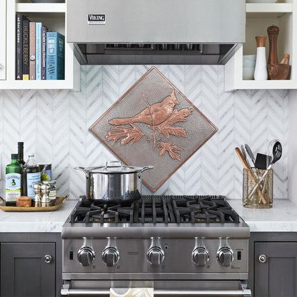 Copper Backsplash Panel (Northern Cardinal Bird on a Branch, Silver&Copper Color)