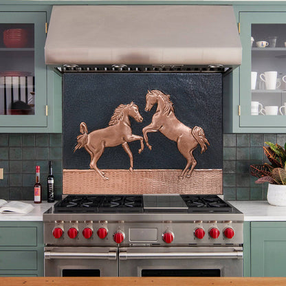 Copper Backsplash Panel (Two Rearing Horses, Black&Copper Color)