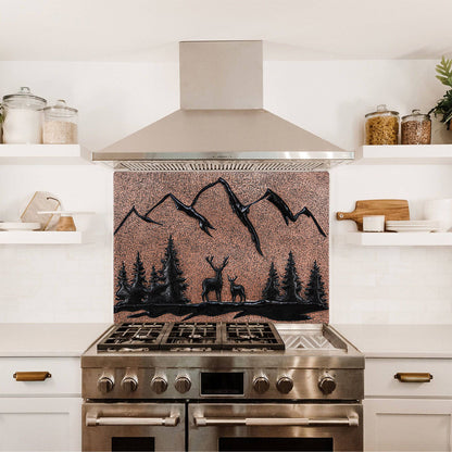 Copper Backsplash Panel (Mountain Behind the Deer in the Forest, Copper&Black Color)