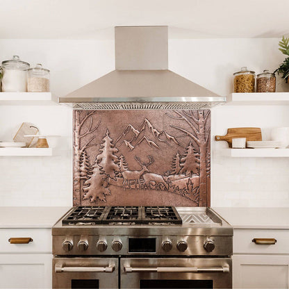 Copper Backsplash Panel (Mountains, Pine Trees and Deer Landscape)