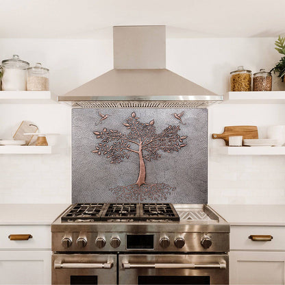 Copper Backsplash Panel (Tree with Roots, Hummingbirds, Silver&Copper Color)