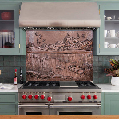 Copper Backsplash Panel (Lake, Mountains, Lighthouse, Boat and Ducks Landscape)