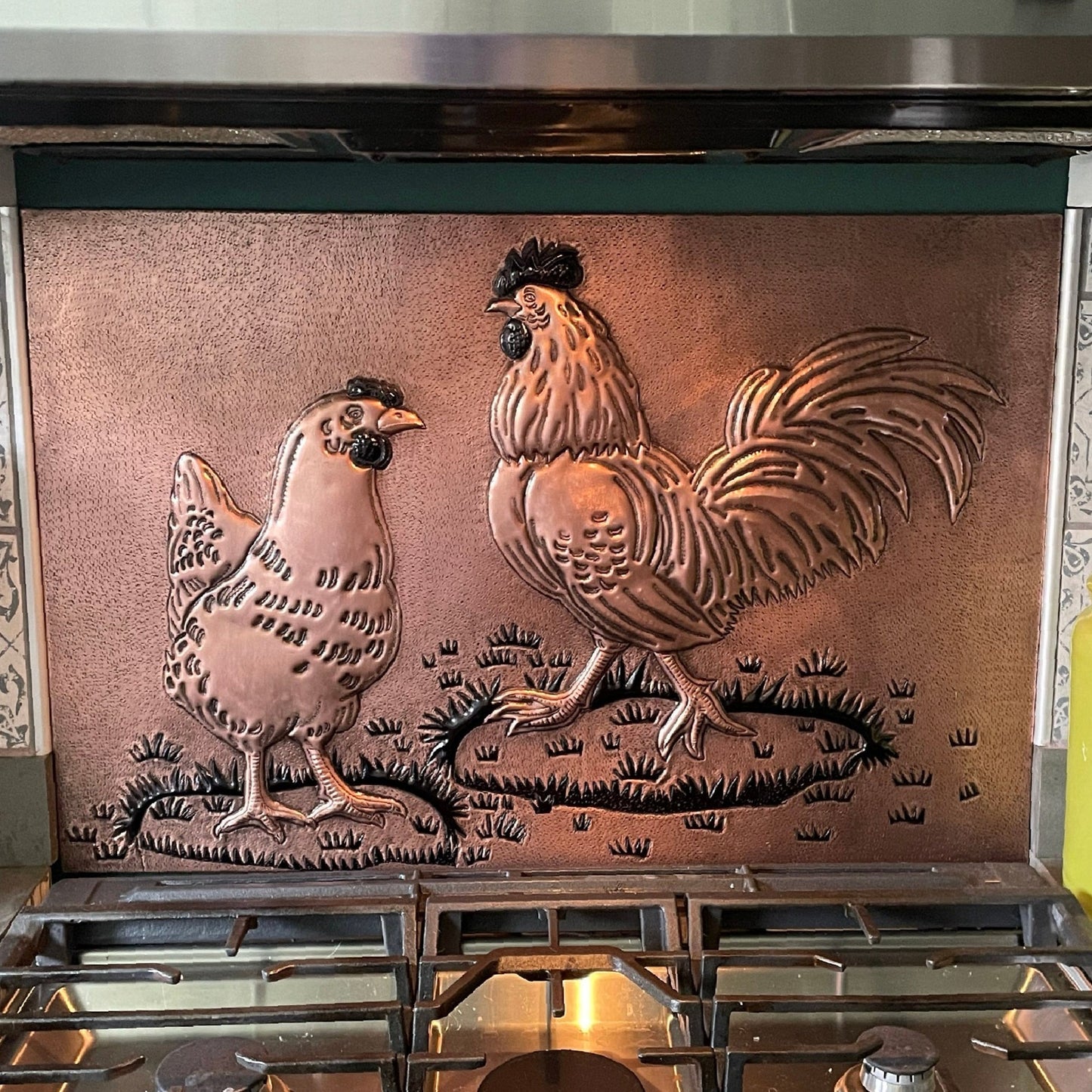 Rooster and Chicken Kitchen Backsplash Tile - 24"x30" Copper&Black