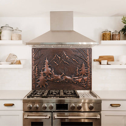 Wilderness Whisper Artisan Copper Backsplash - Mountain and Deer Design