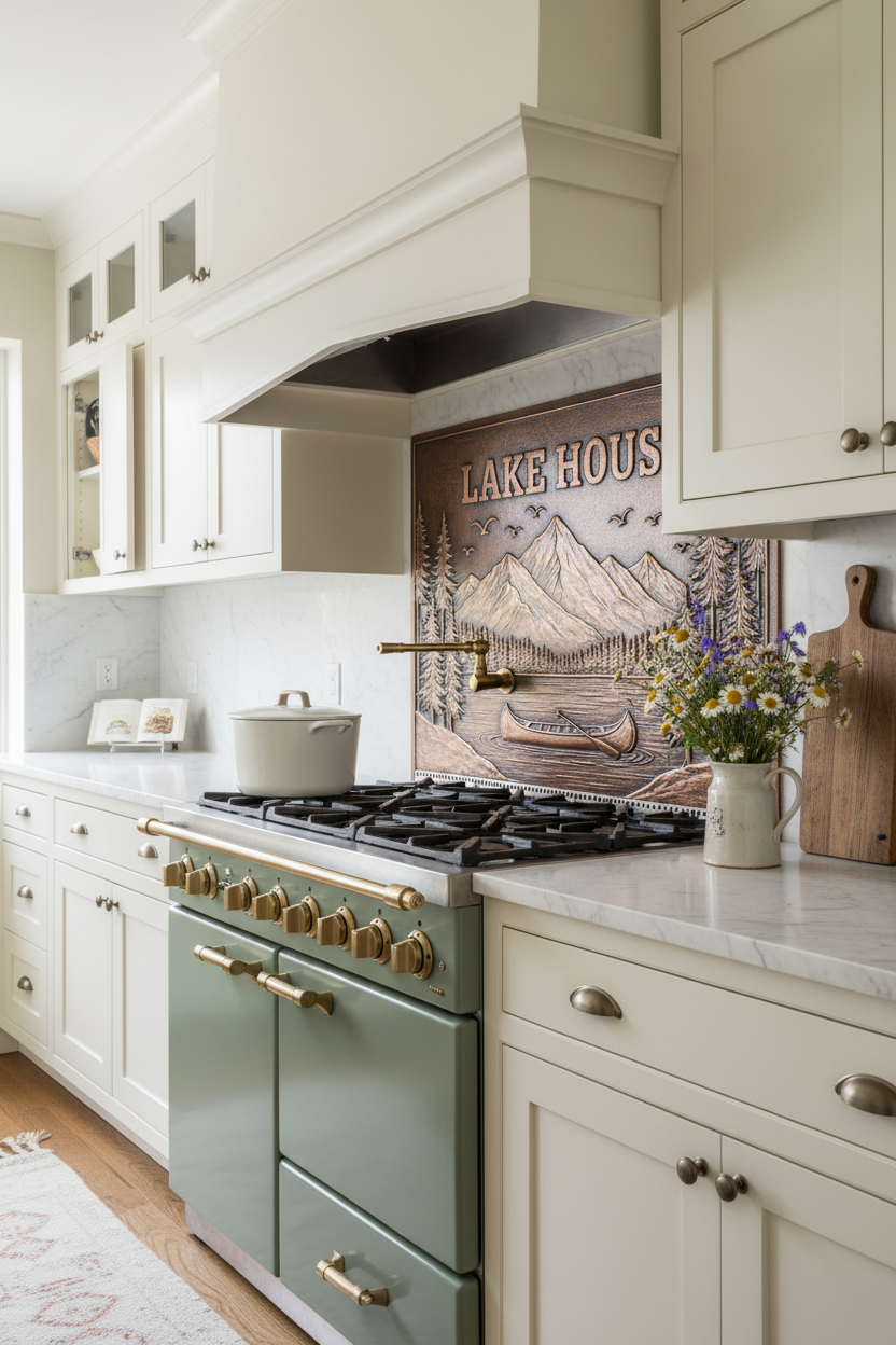 Lake House Copper Backsplash Panel in Cottage Retreat Kitchen with Sage Green Range