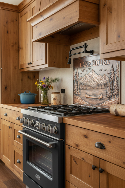 Lake House Copper Kitchen Backsplash in Rustic Retreat with Butcher Block Counters