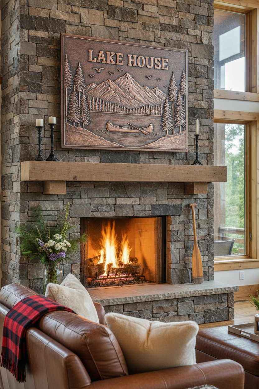 Lake House Copper Wall Art Above Stone Fireplace in Lakeside Lodge