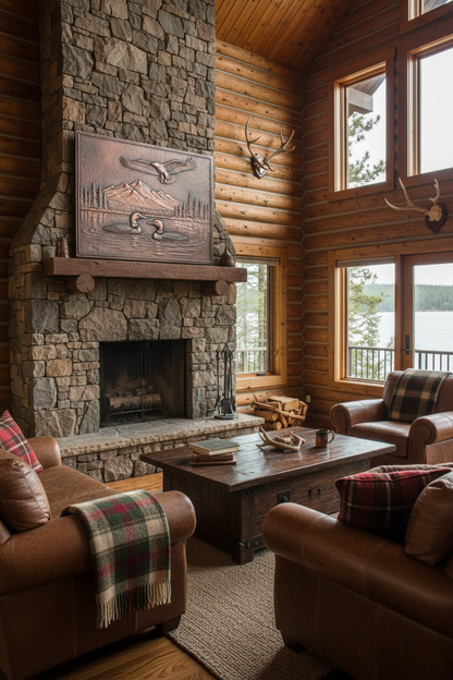 Lake Scene Copper Panel - 36x48 inch above fireplace in cabin