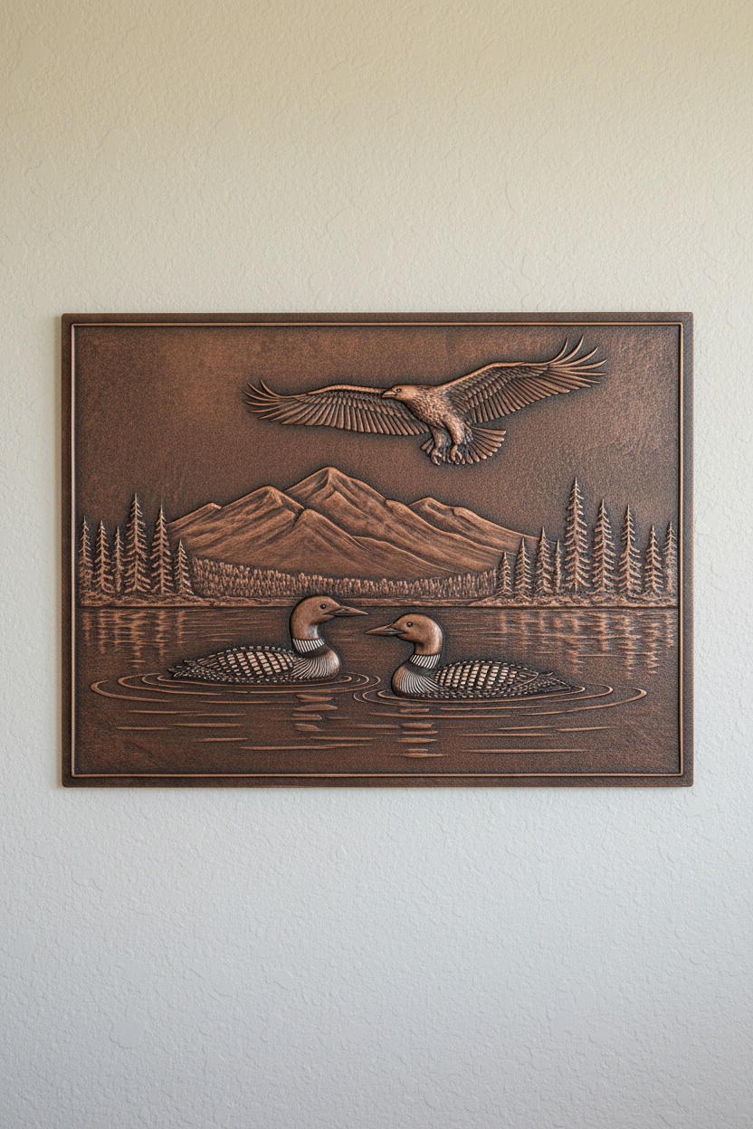 Lake Scene with Loons & Eagle Copper Panel - close-up front view