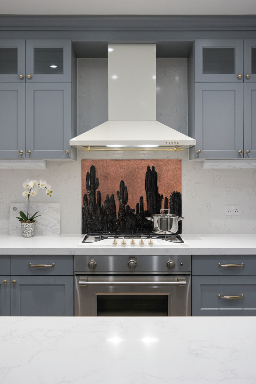 Large Cacti Copper & Black Backsplash 66 Inches in Modern Luxe Kitchen