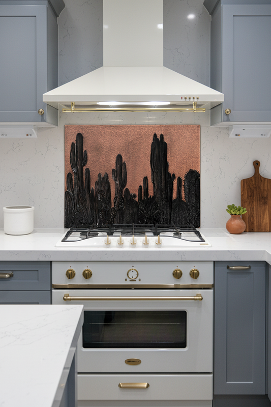 Large Cacti Copper & Black Backsplash 70 Inches Wide in Contemporary Desert Kitchen