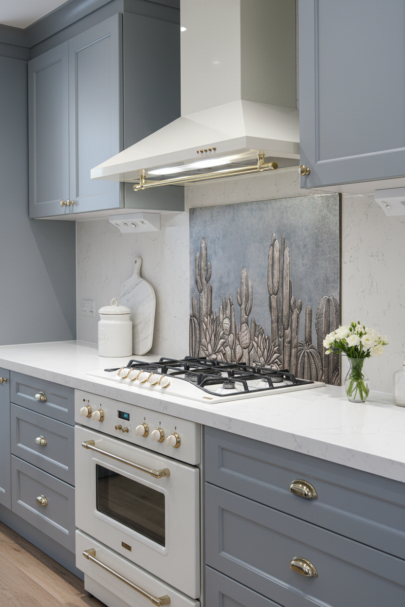 Large Cacti Gray Copper Backsplash 66 Inches in Elegant Transitional Kitchen