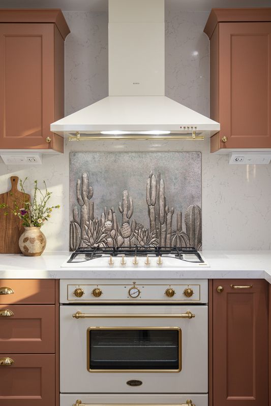 Large Cacti Gray Copper Backsplash 72 Inches Wide in Modern Southwestern Kitchen