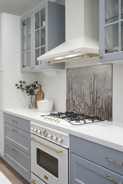 Large Cacti Gray Copper Backsplash 72 Inches Wide in Scandinavian Modern Kitchen