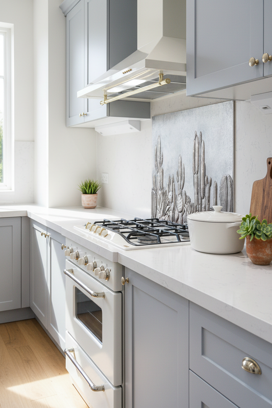 Large Cacti Gray Copper Kitchen Backsplash 68 Inches in Contemporary Desert Style