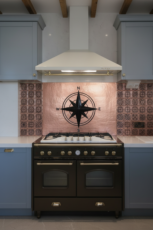 Large Compass Rose Copper & Black Backsplash French Country Kitchen
