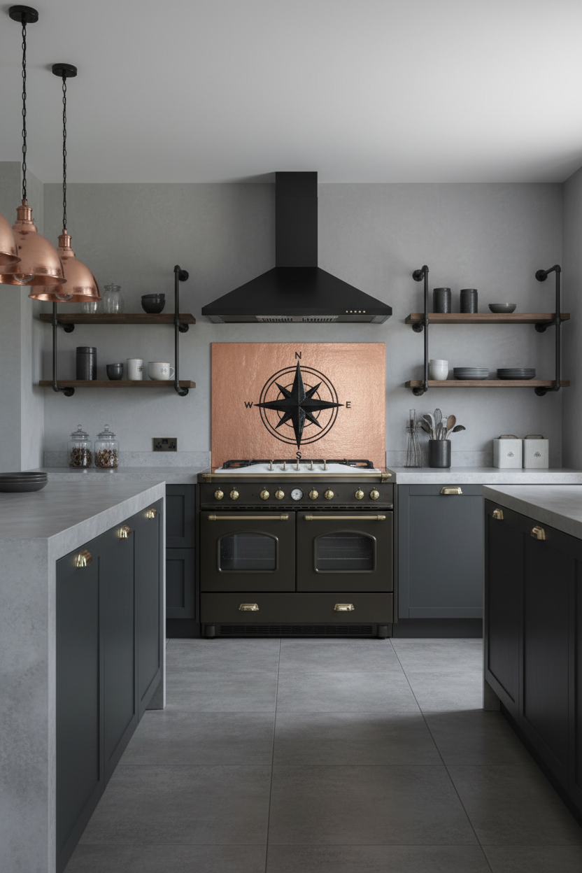 Large Compass Rose Copper & Black Backsplash Modern Industrial Kitchen
