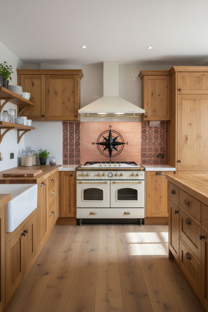 Large Compass Rose Copper & Black Backsplash Rustic Farmhouse Kitchen