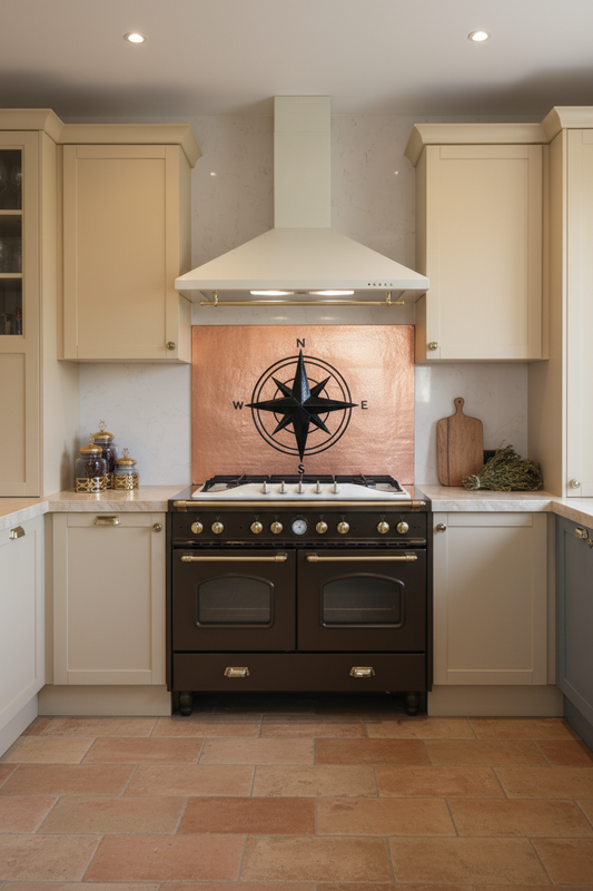 Large Compass Rose Copper & Black Backsplash Tuscan Villa Kitchen