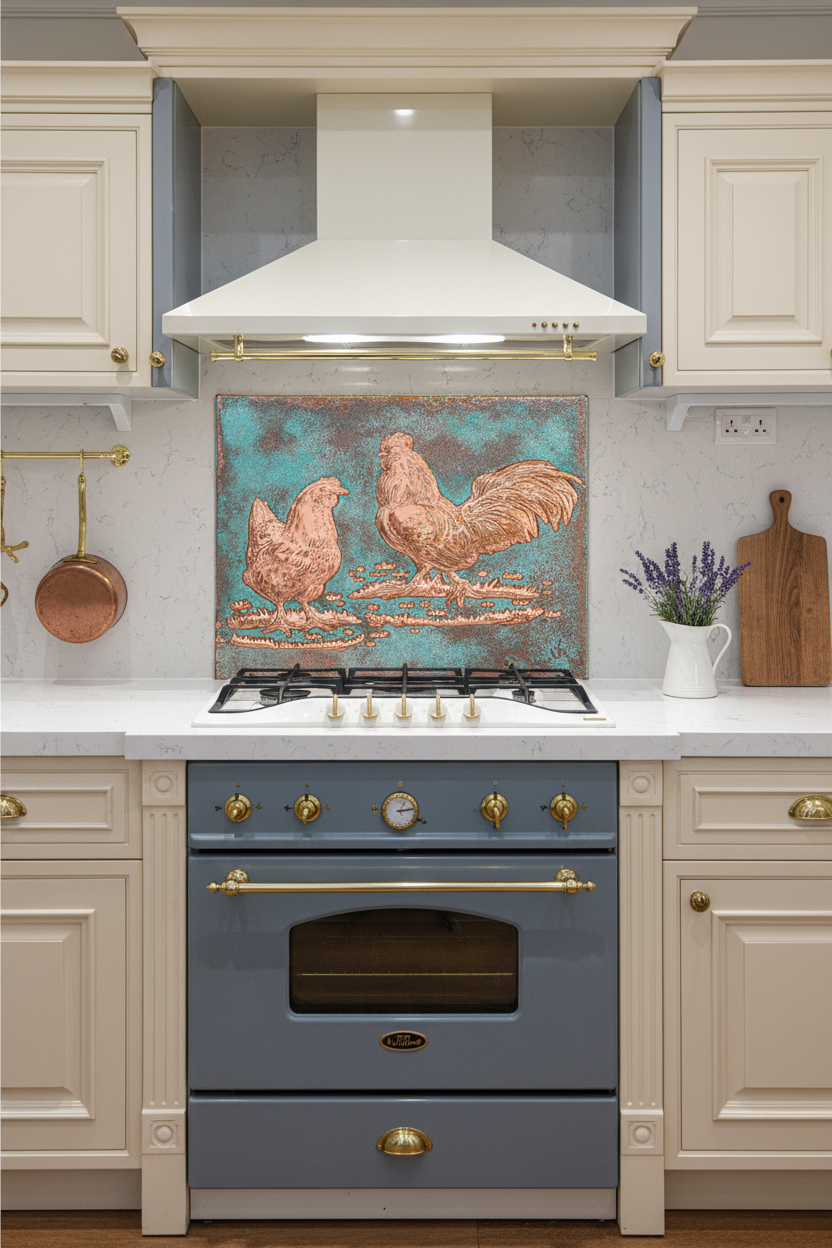 Large Farmhouse Rooster & Chicken Copper Backsplash Green Patina 70 Inches French Country