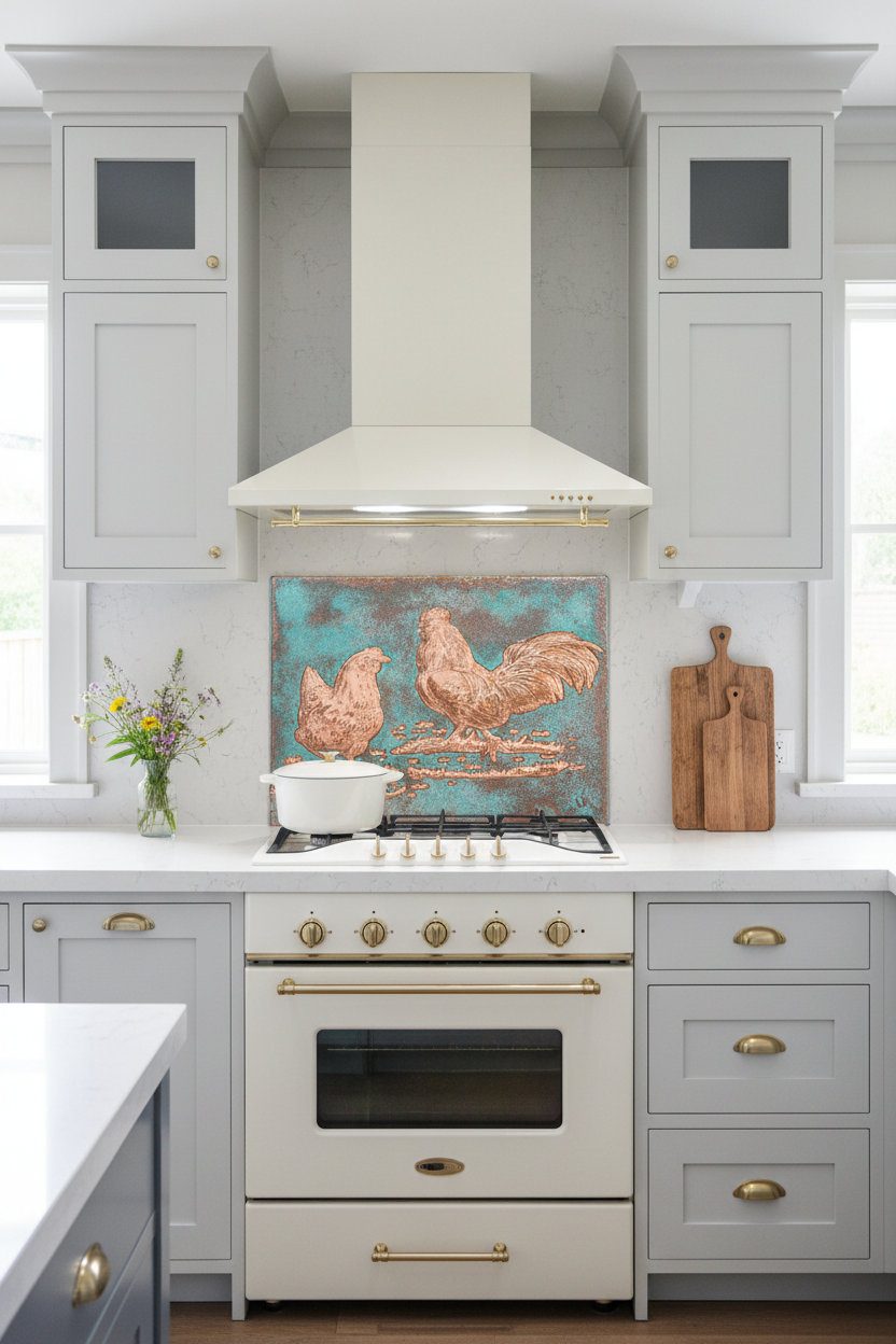 Large Farmhouse Rooster & Chicken Copper Backsplash Green Patina 72 Inches Modern Farmhouse