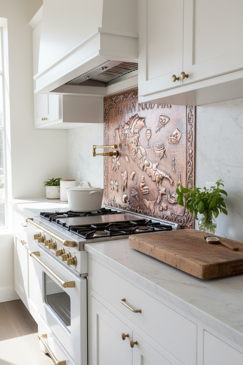 Large Italian Food Map Copper Backsplash 66 Inches in Modern Mediterranean Kitchen