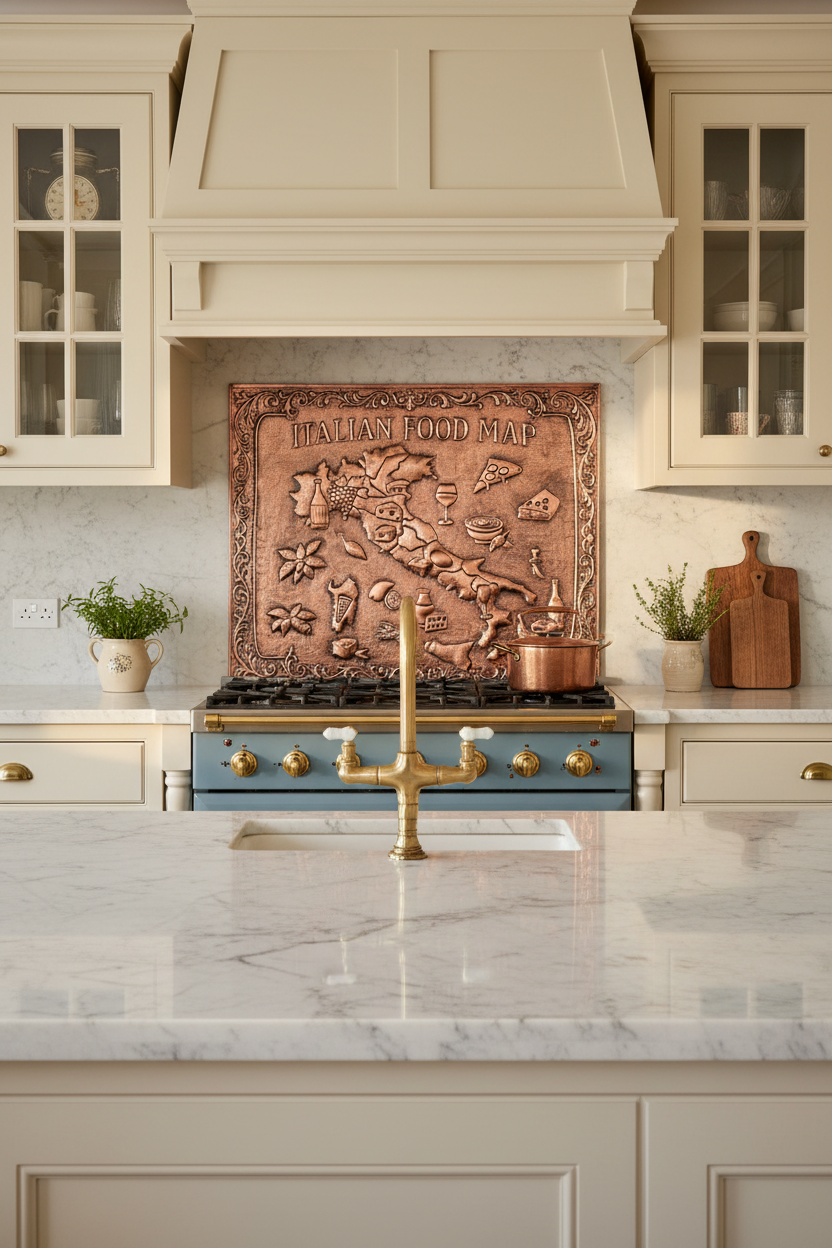 Large Italian Food Map Copper Backsplash 70 Inches Wide in French Country Kitchen