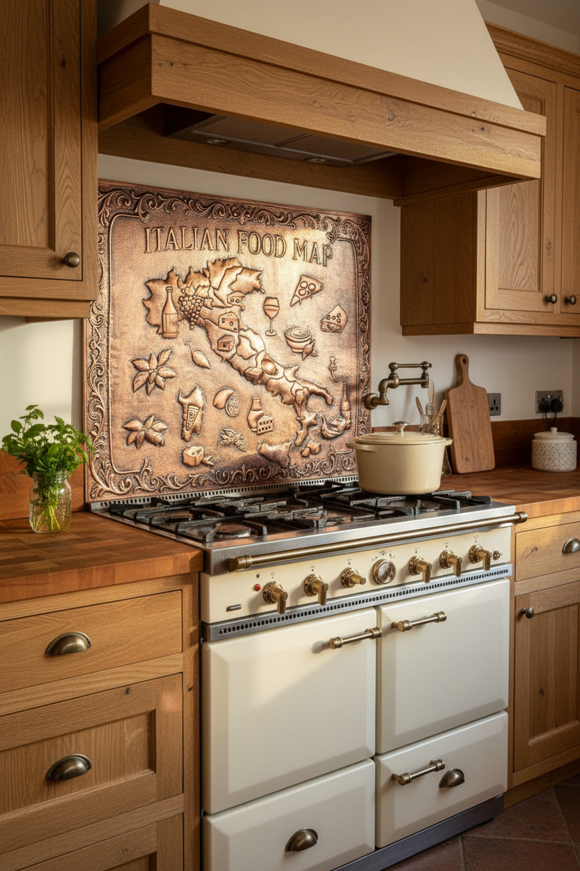 Large Italian Food Map Copper Backsplash 72 Inches Wide in Rustic Farmhouse Kitchen