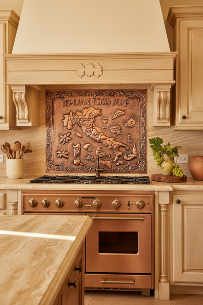 Large Italian Food Map Copper Backsplash 72 Inches Wide in Tuscan Villa Kitchen