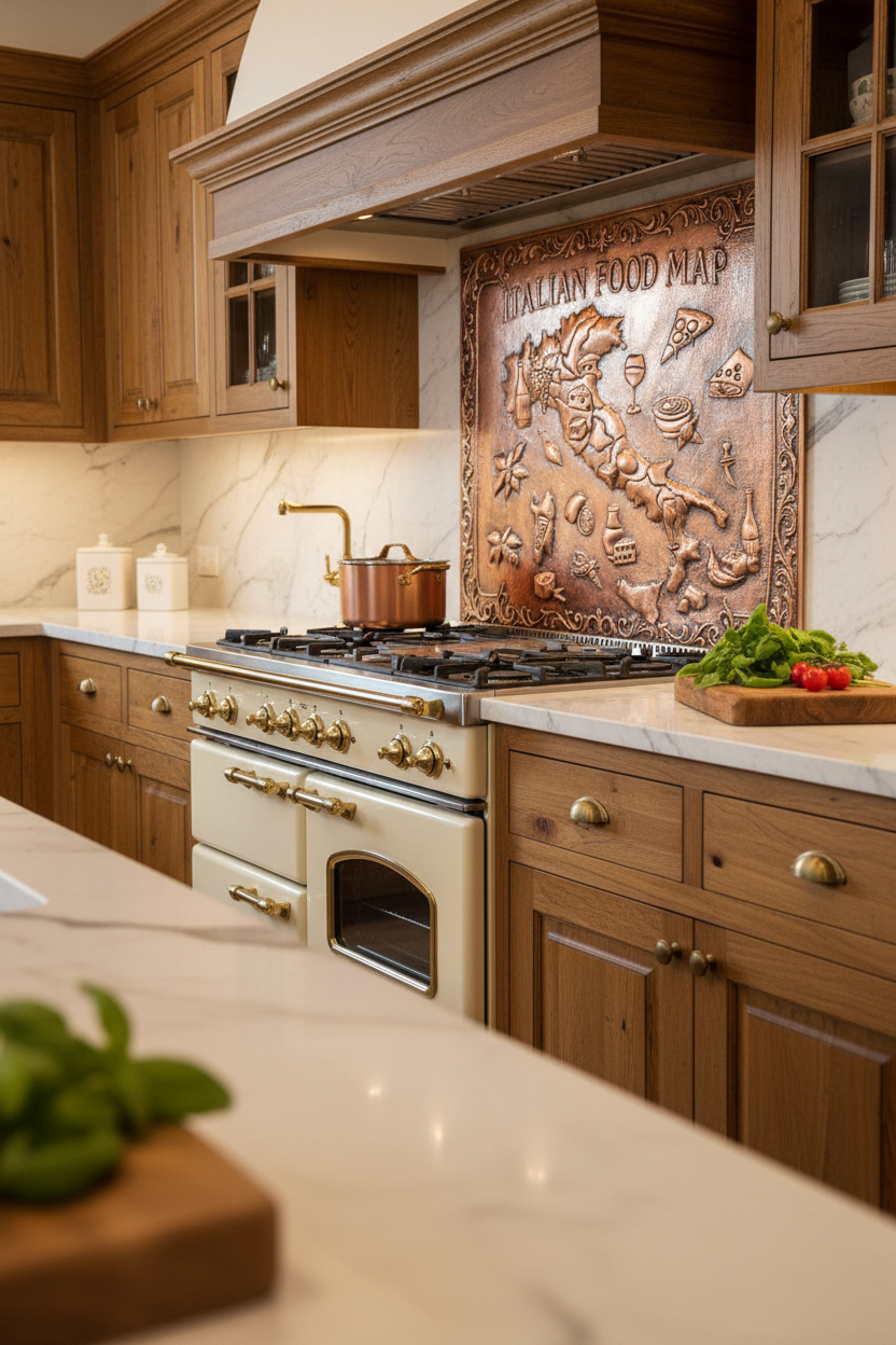 Large Italian Food Map Copper Kitchen Backsplash 68 Inches in Italian Trattoria Style