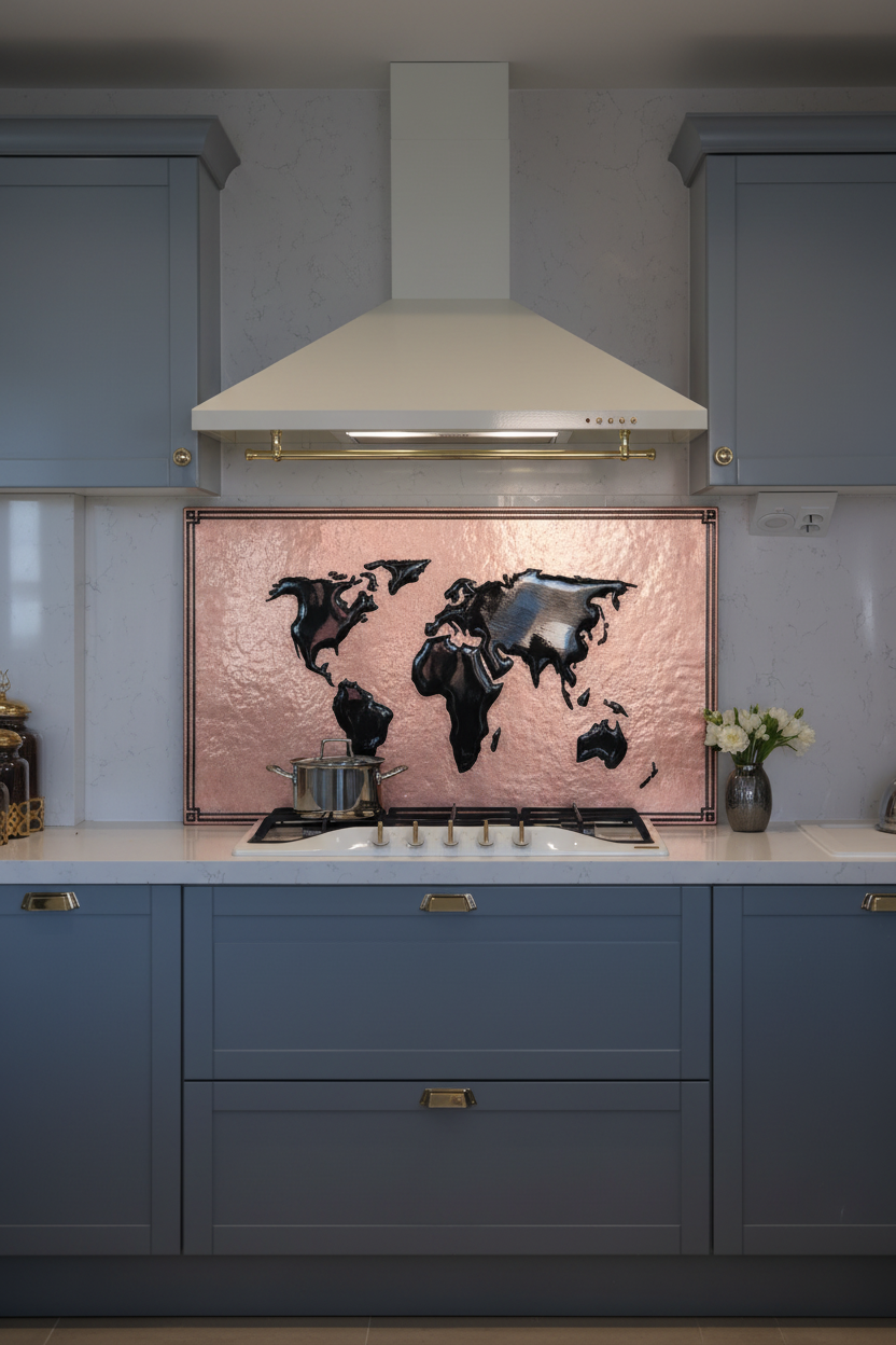 Large World Map Copper & Black Full Wall Kitchen Backsplash 96-120 Inches Wide