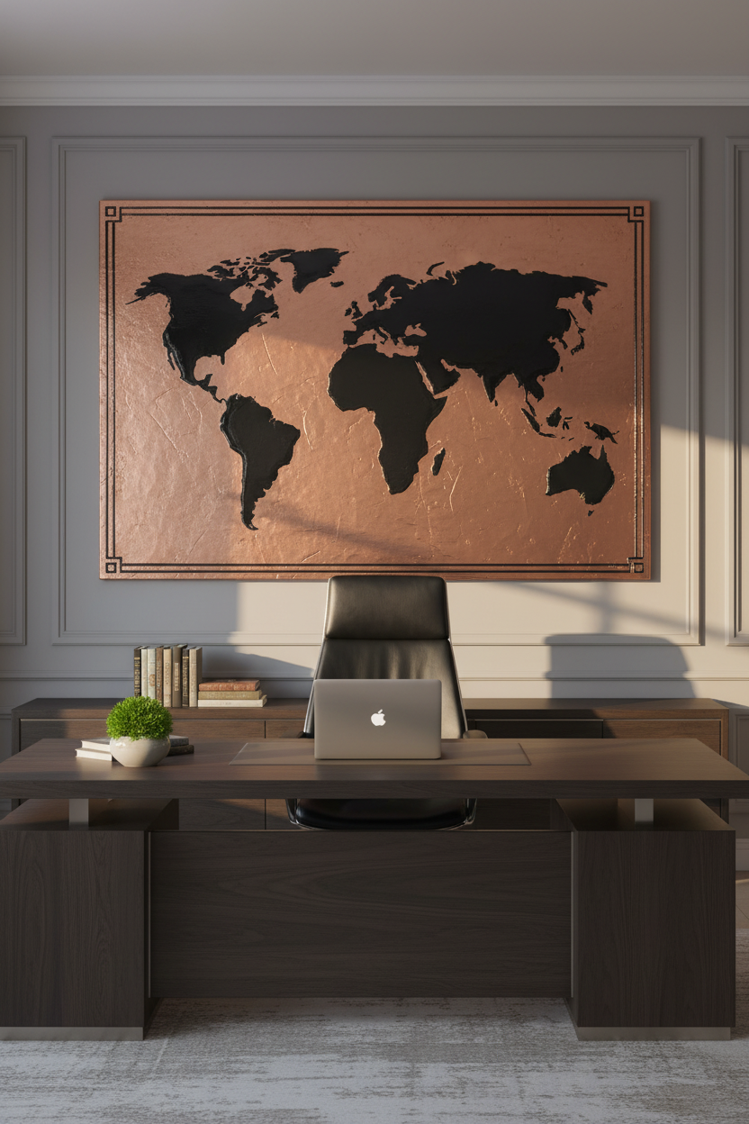 Large World Map Copper & Black Wall Art 60x96 Inches in Executive Home Office