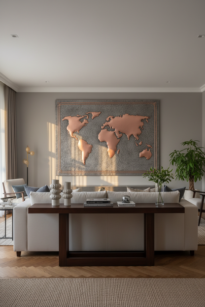 Large World Map Gray & Copper Statement Wall Art in Living Room Above Console